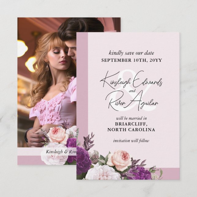 Save the Date Dusty Mauve und Vintage Blumenkarte (Vorne/Hinten)