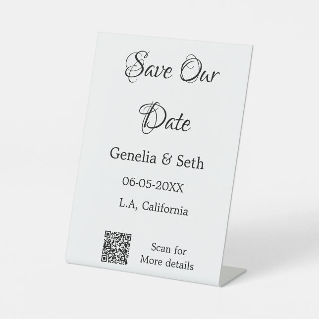 Save the Date einfache minimale QR-Scan-Codedetail Sockelschild (Vorderseite)