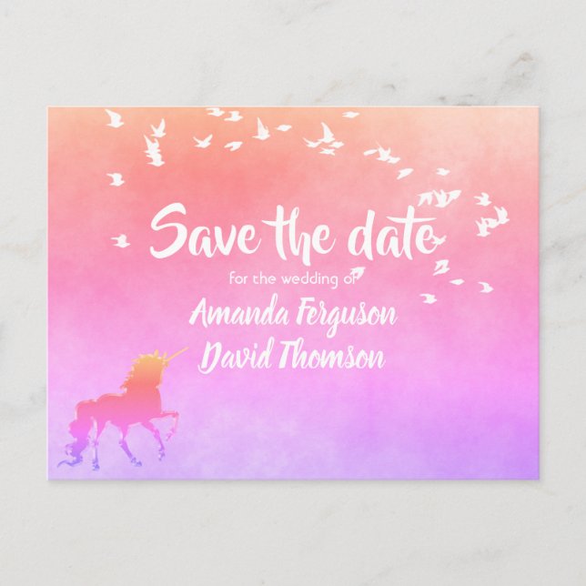 Save the Date Einhorn-Regenbogen-Hochzeit Ankündigungspostkarte (Vorderseite)