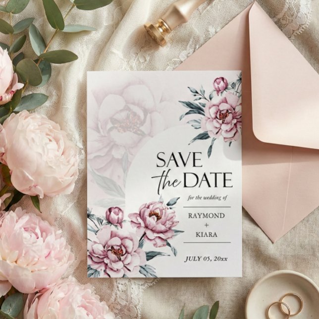 Save the Date Einladung von Dusky Pink Peony Postkarte (watercolor pink peony save the date postcard in modern script calligraphy)