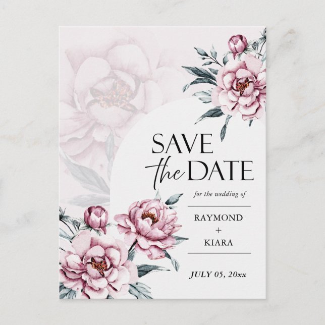 Save the Date Einladung von Dusky Pink Peony Postkarte (Vorderseite)