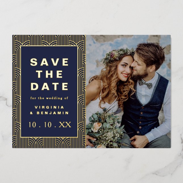 Save the Date Einladung von Navy Gold Foil (Vorderseite)