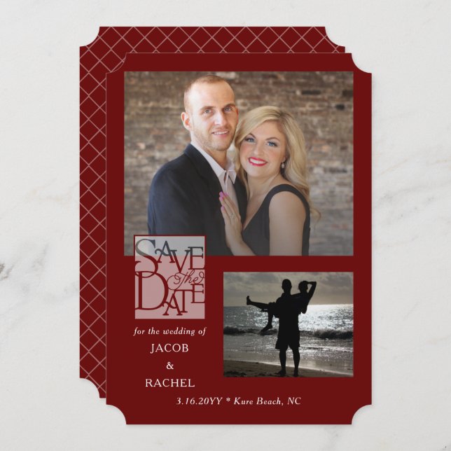 Save the Date Elegant 2-Foto Burgundy Red Wedding (Vorne/Hinten)