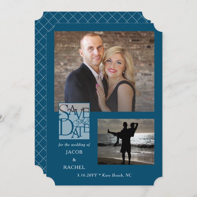 Save the Date Elegant 2-Foto Ocean Blue Wedding (Vorne/Hinten)