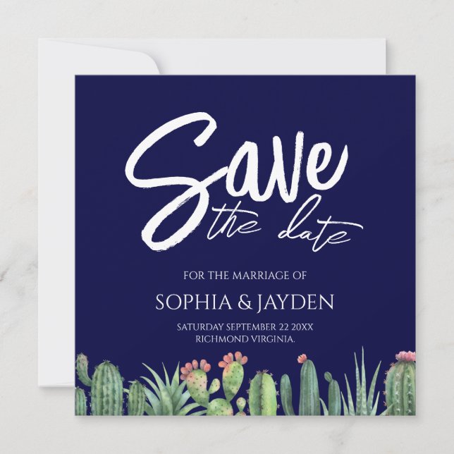 Save the Date Elegant Dark Navy Blue Cactus (Vorderseite)