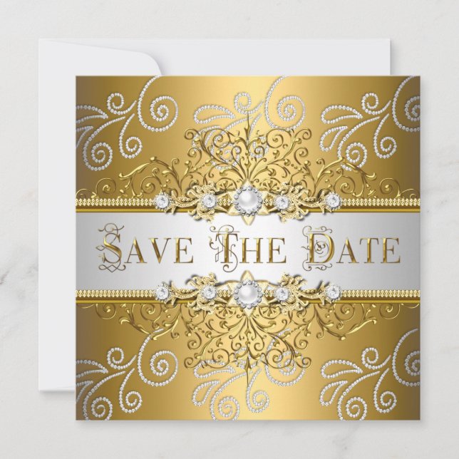 Save the Date Elegant Gold Silver Lace Diamond (Vorderseite)