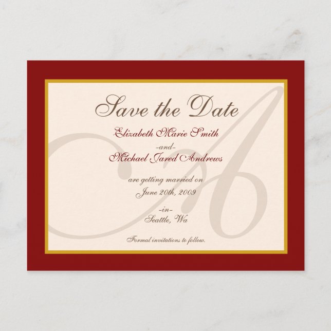 Save the Date Elegant Monogram Burgundy Postkarte (Vorderseite)