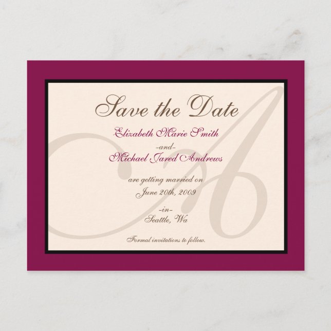 Save the Date Elegant Monogram Maroon Postcard Ankündigungspostkarte (Vorderseite)