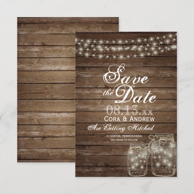 Save the Date elegant Rustic Mason Jar Lights Einladung (Vorne/Hinten)