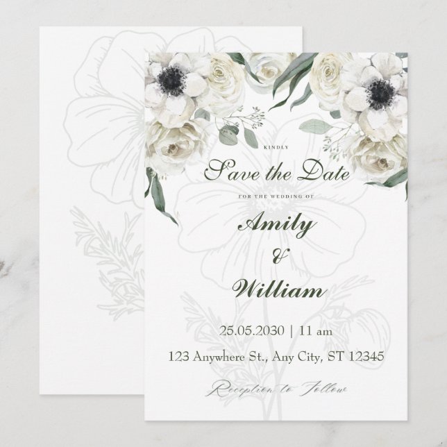 Save the Date | Elegant White Florals Einladung (Vorne/Hinten)