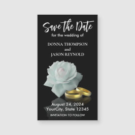 Save the Date Elegant White Rose Gold Rings Script Magnetkarte