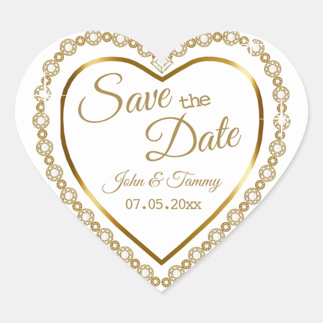 Save The Date | Elegante Gold Diamonds Herz-Aufkleber (Vorderseite)