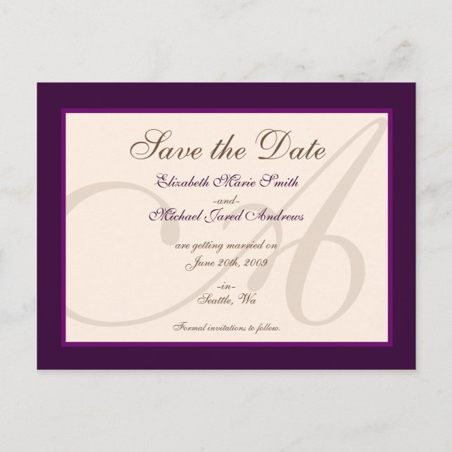 Save the Date Elegante Monogramm Lila Postkarte (Vorderseite)
