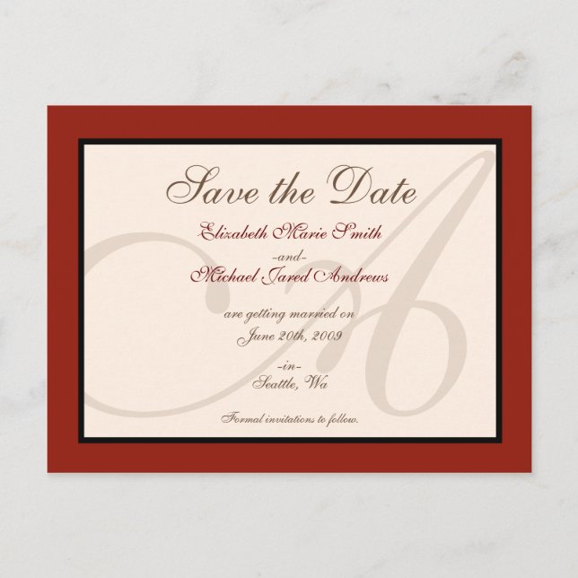 Save the Date Elegante Monogramm Rote Postkarte (Vorderseite)