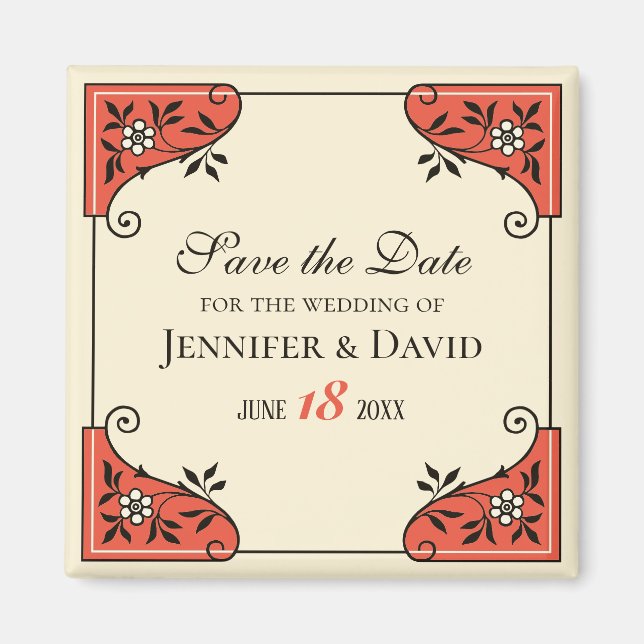 Save the Date Eleganter Blumenrahmen Vintag Magnet (Vorne)