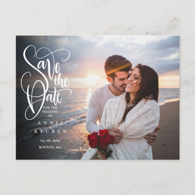 Save the Date Eleganter Script Foto QR Code Postkarte (Vorderseite)