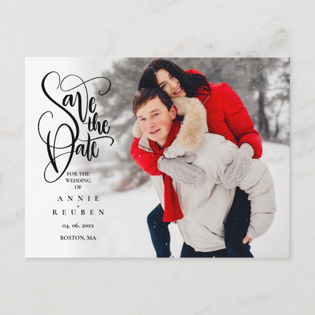 Save the Date Elegantes Script Foto Einfach Postkarte (Vorderseite)