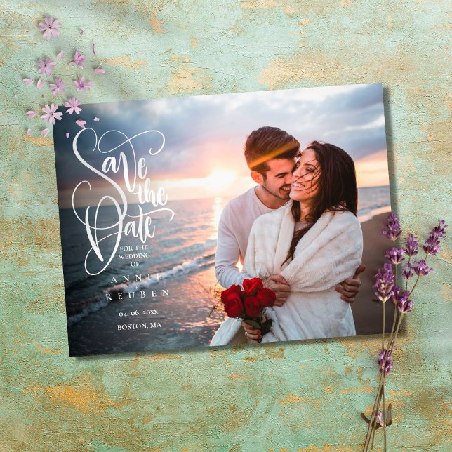Save the Date Elegantes Script-Foto Postkarte (Von Creator hochgeladen)