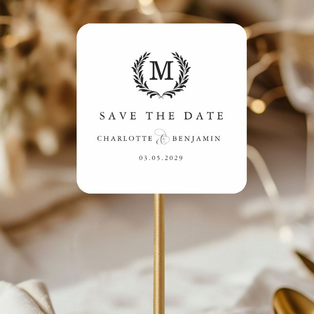 Save The Date! Elegantes Wappen Monogram White Quadratischer Aufkleber (Save The Date! Elegant Crest Monogram White Square Sticker)