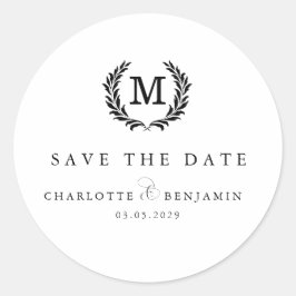 Save The Date! Elegantes Wappen Monogram White Runder Aufkleber