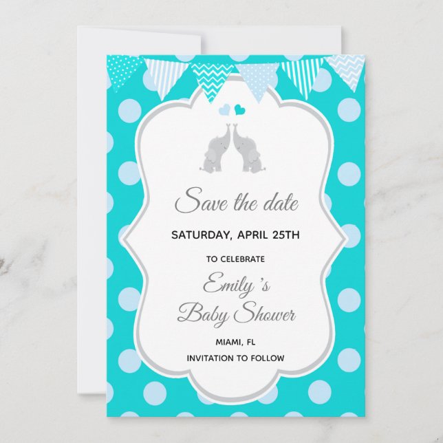 Save the Date Elephant Aquamarin Blue Polka Dots (Vorderseite)