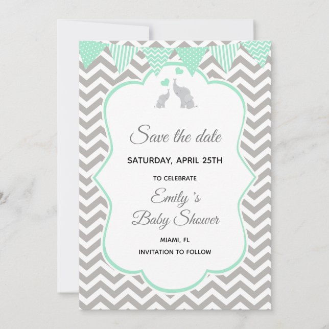 Save the Date Elephant Mint Green Silver (Vorderseite)