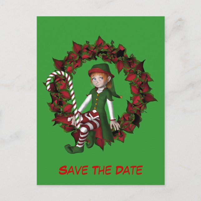 Save the Date Elf auf Wreath Holiday Ankündigungspostkarte (Vorderseite)