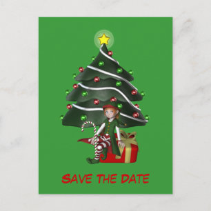 Save the Date Elf Weihnachtsbaum Holiday Postcard Ankündigungspostkarte