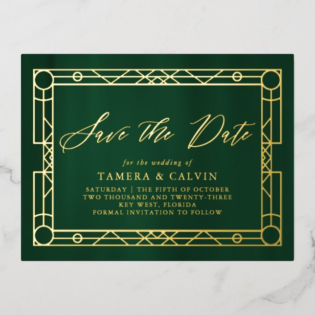 Save the Date Emerald Green Gold Dekorrahmen Folie Einladungspostkarte (Vorderseite)