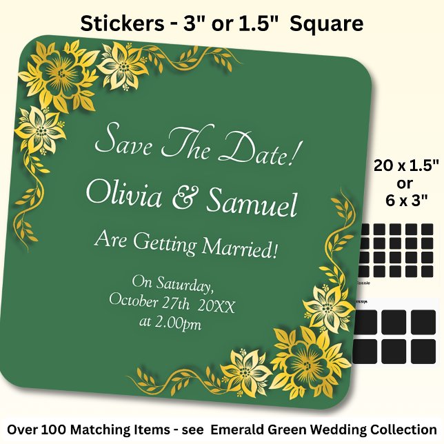 Save The Date - Emerald Green & Gold Quadratischer Aufkleber (Von Creator hochgeladen)