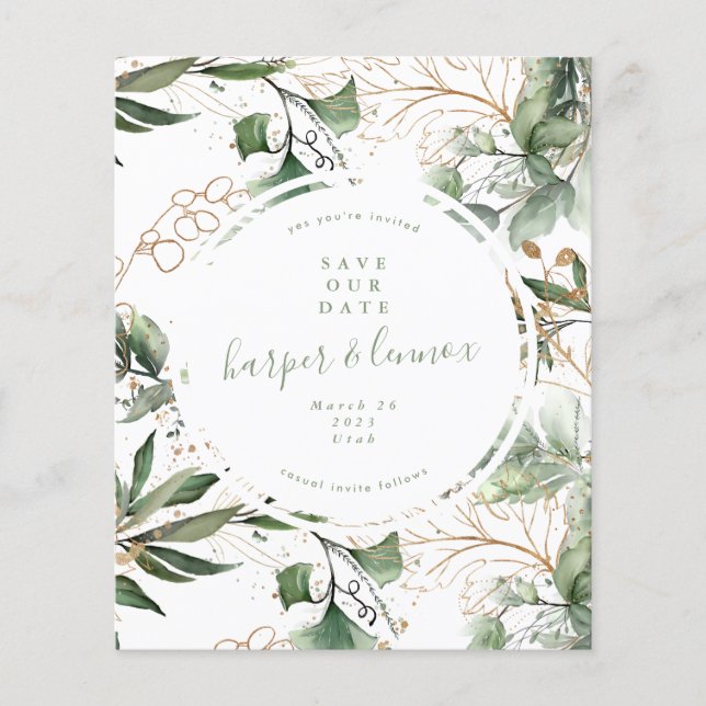 Save the Date Eucalyptus Gold Boho Modernes Budget Flyer (Vorne)