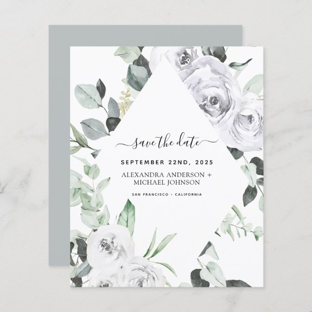 Save the Date Eucalyptus White Floral (Vorne/Hinten)