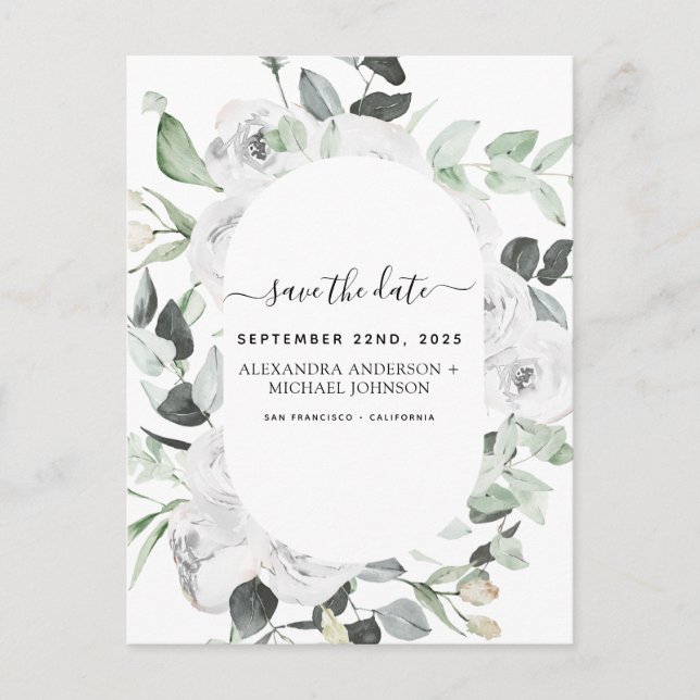 Save the Date Eucalyptus White Floral Postkarte (Vorderseite)