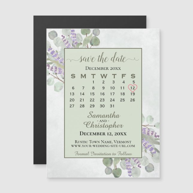Save the Date Eukalyptus Lavender Calendar Sage Magnetkarte (Vorne/Hinten)