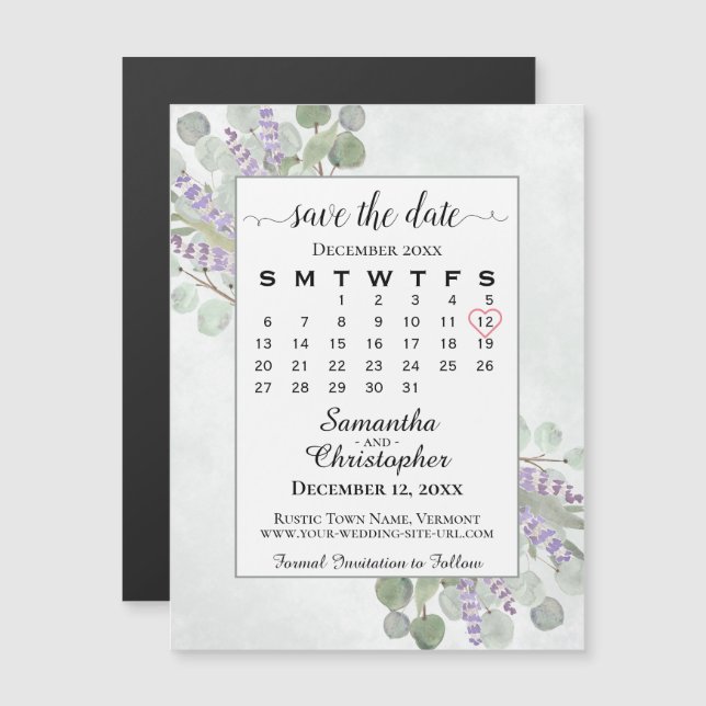 Save the Date Eukalyptus Lavender Kalender weiß Magnetkarte (Vorne/Hinten)