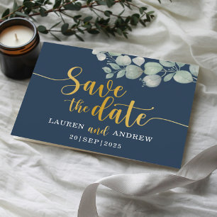 Save the Date Eukalyptus Navy & Gold Wedding Postkarte