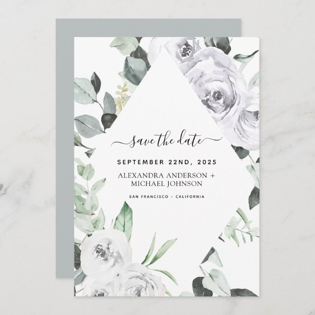Save the Date Eukalyptus Weiße Rose Einladung (Vorne/Hinten)