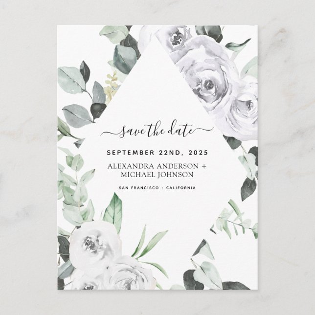 Save the Date Eukalyptus White Floral Postc Postkarte (Vorderseite)