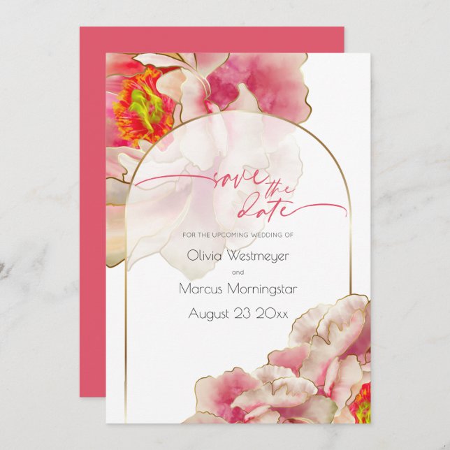 Save The Date | Exotic Coral Rose Peony Einladung (Vorne/Hinten)