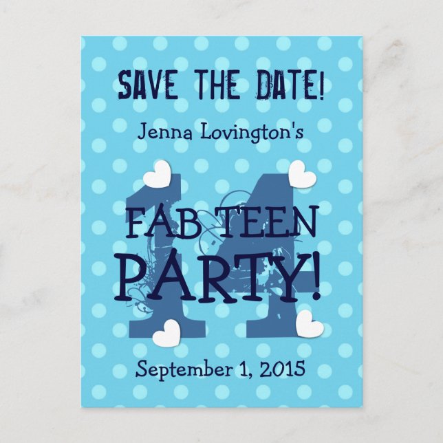 Save the Date FAB TEEN Geburtstag V14A BLAUE AQUA Ankündigungspostkarte (Vorderseite)
