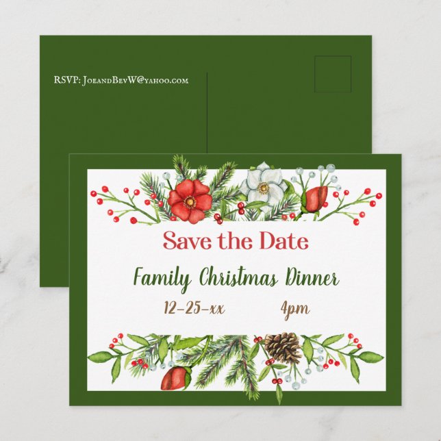 Save the Date Familienweihnachtsessen einladen Postkarte (Vorne/Hinten)