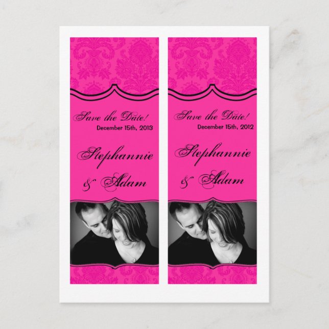 Save the Date Favoriten für Hot Pink Bla Damask bu Ankündigungspostkarte (Vorderseite)