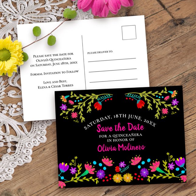 Save the Date floral mexikanische Fiesta Black Ankündigungspostkarte (Quinceanera save the date from my Mexican Fiesta Floral collection
)