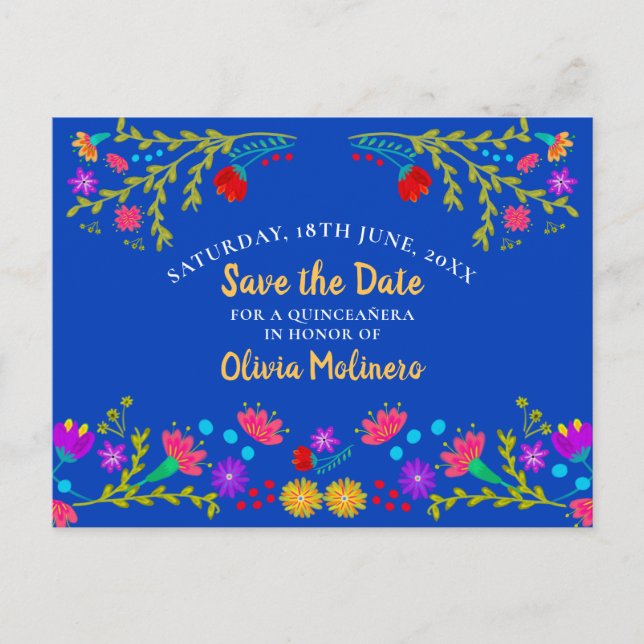 Save the Date floral mexikanische Fiesta Royal Blu Ankündigungspostkarte (Vorderseite)