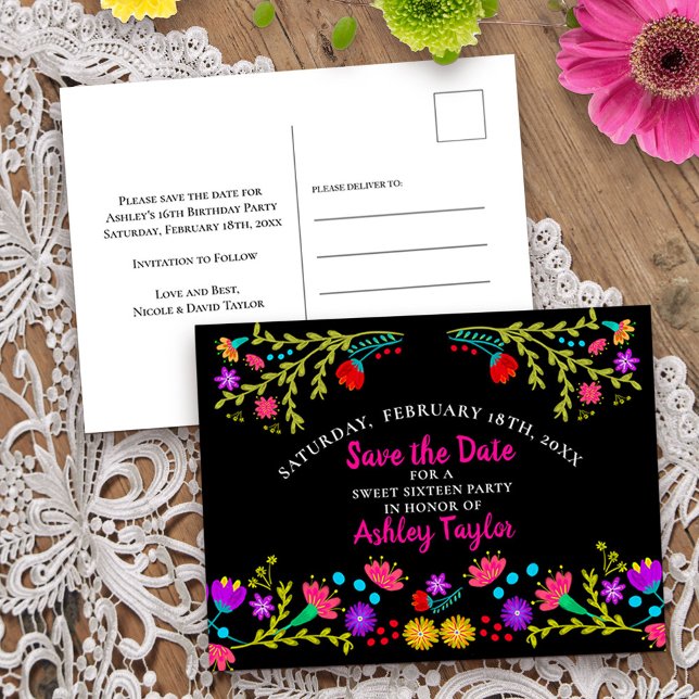 Save the Date florale mexikanische Fiesta Black Sw Ankündigungspostkarte (Save the Date Postcard from my Mexican Fiesta Floral collection
)