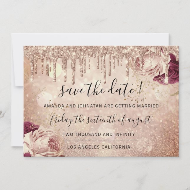 Save the Date Florals Rose Glitzer Tropfens Marsal (Vorderseite)