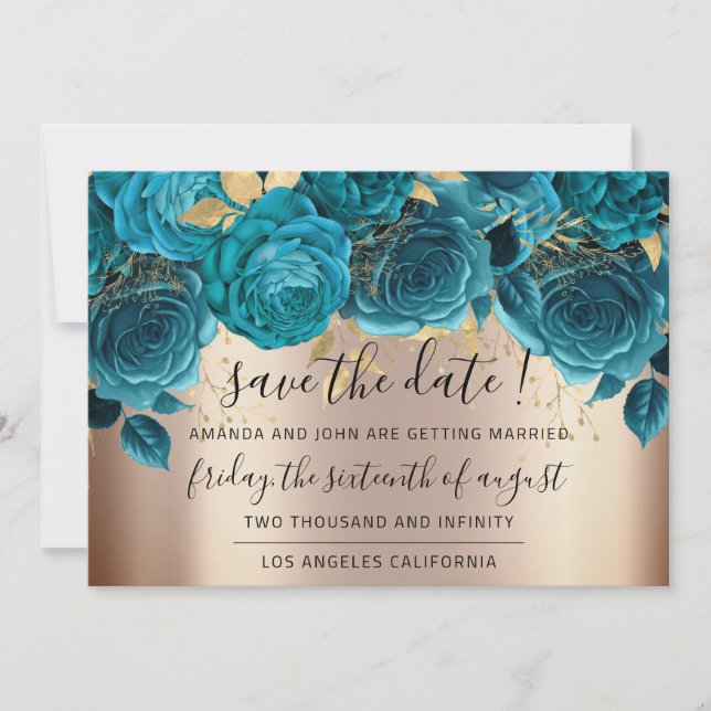 Save the Date Florals Rose Gold Blue Aquamarin (Vorderseite)