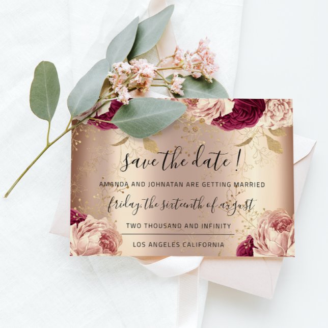 Save the Date Florals Rose Gold Rose Marsala (Save The Date Florals Rose Gold Roses Marsala)