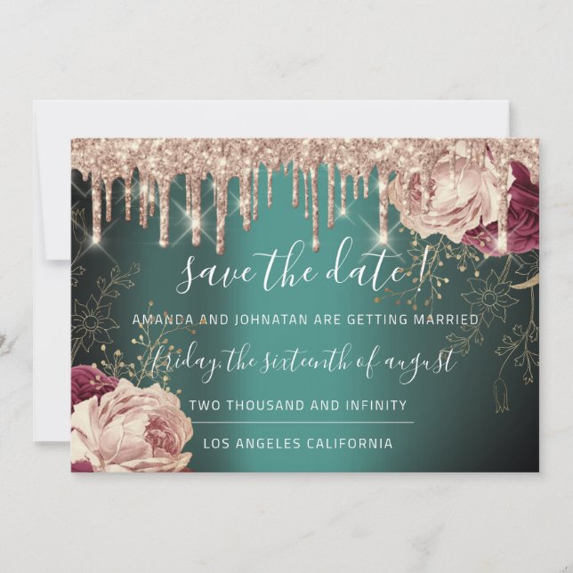 Save the Date Florals Rose Gold Tropfen Aquamarin (Vorderseite)