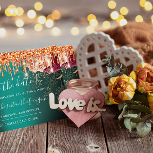 Save the Date Florals Rose Gold Tropfen Aquamarin